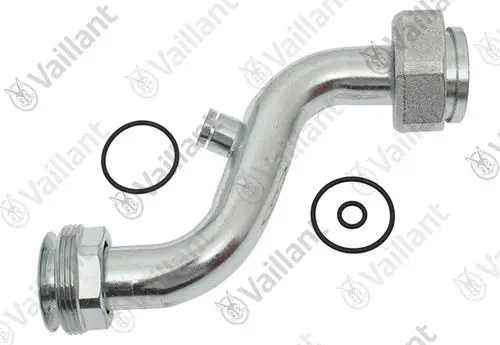 Vaillant Rohr mit gebogenem Design und zwei Anschlussstellen, begleitet von mehreren O-Ringen zur Abdichtung.